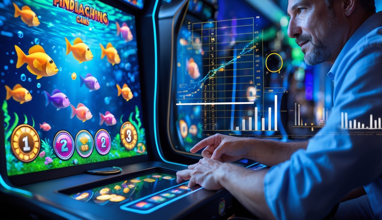 Seorang pemain dewasa fokus menggunakan layar sentuh pada permainan tembak ikan dengan latar belakang grafik peluang menang dan ikon jackpot.