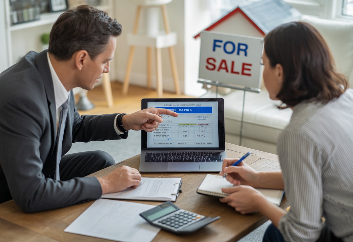 A real estate agent and homeowner discussing documents at a table in a living room with a laptop and paperwork.