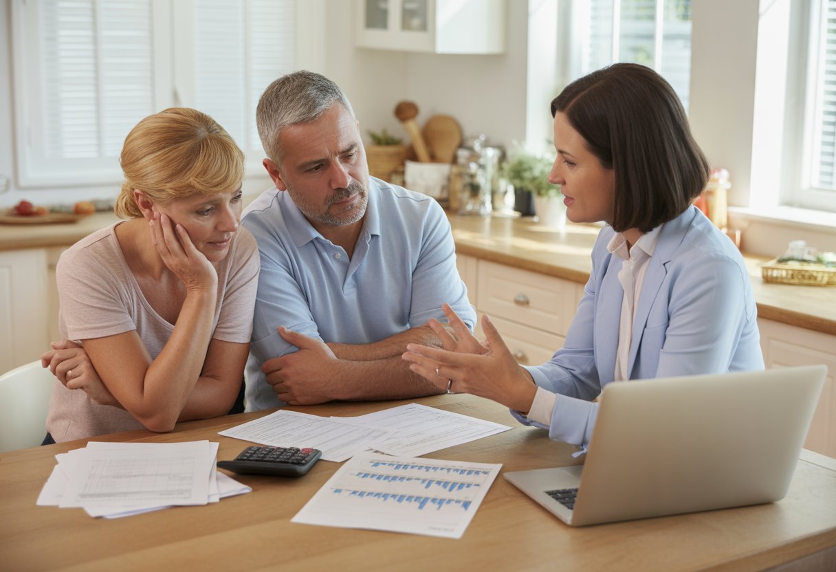 A couple discussing paperwork with a real estate agent at a kitchen table in a bright home.