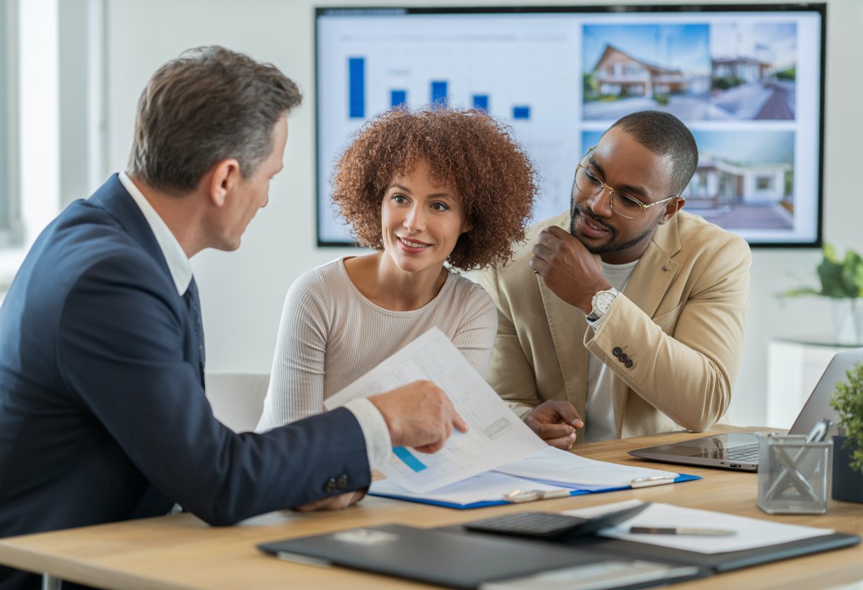A real estate agent talking with a couple about selling a home, with documents and a laptop on a desk in an office.