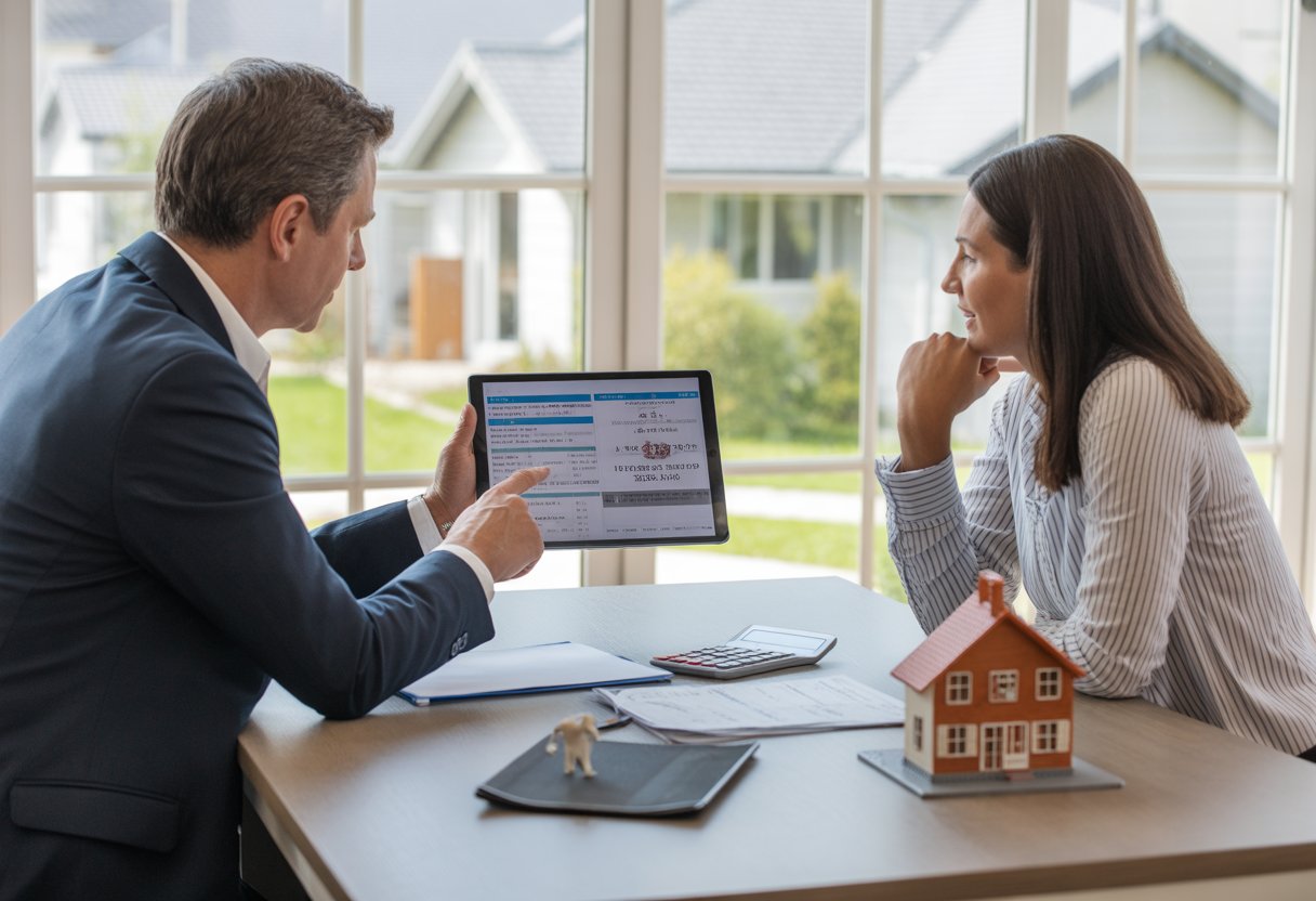 A real estate agent and homeowner discussing property documents in a bright office with a model house on the desk.