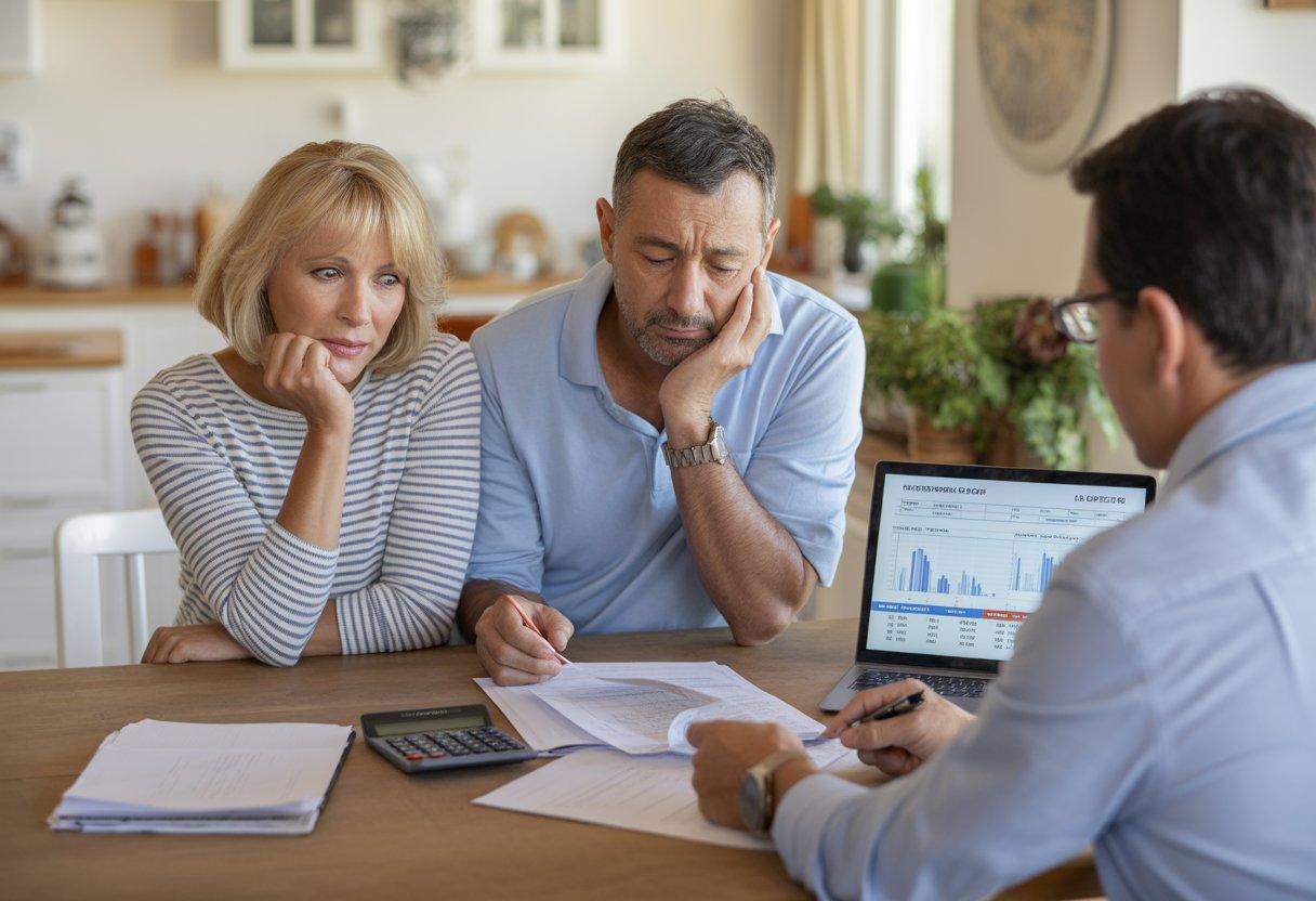 A couple discussing paperwork with a real estate agent at a kitchen table inside a home.