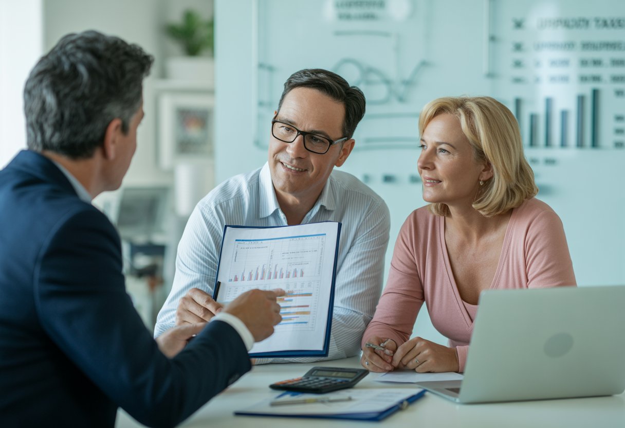 A real estate agent talks with a couple over documents in an office, discussing options for selling a home.