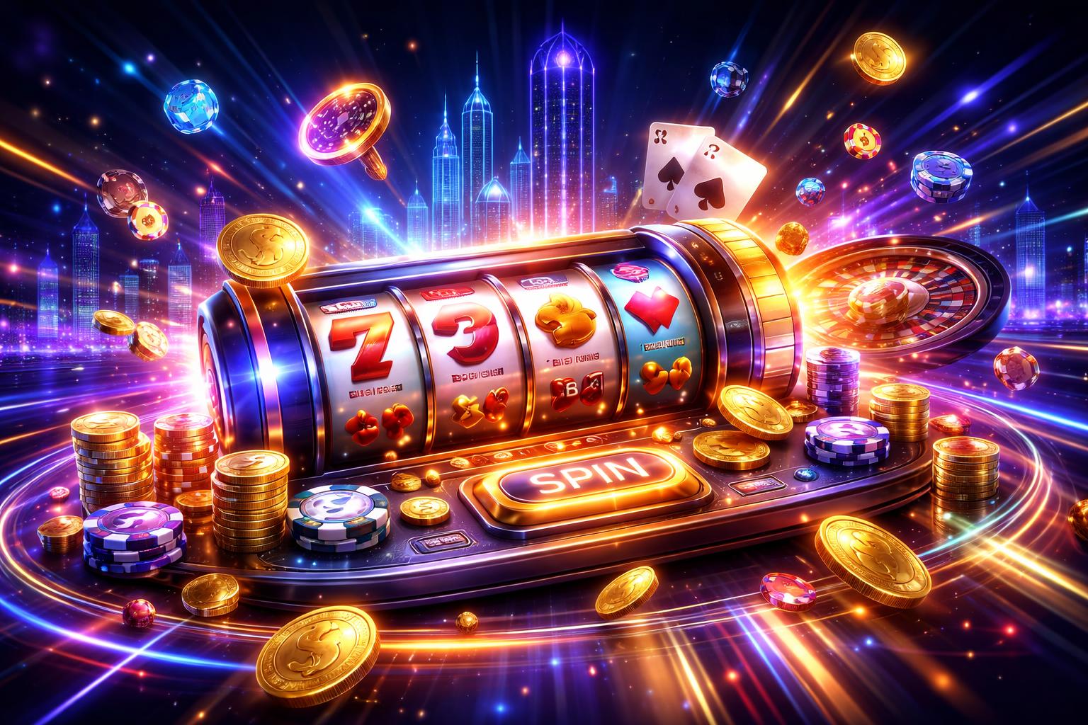 Adegan permainan online dengan mesin slot digital dan koin yang berkilauan di lingkungan kasino futuristik penuh lampu neon.