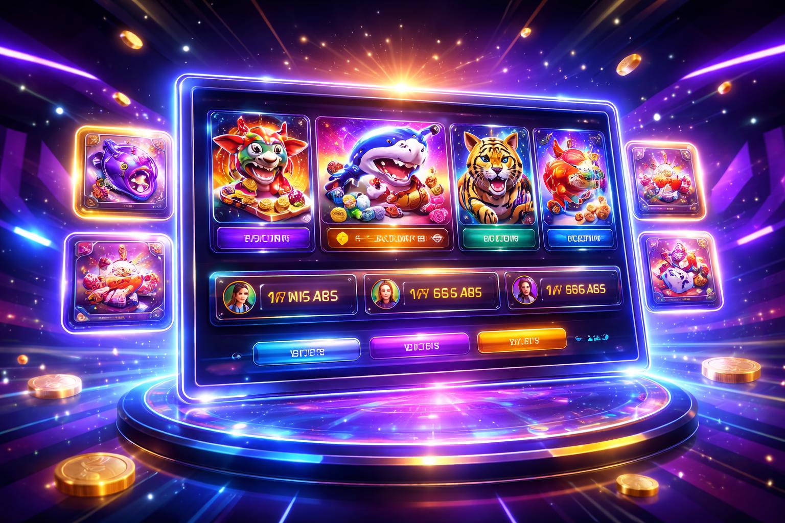 Tampilan 3D dari platform game online dengan antarmuka digital futuristik, ikon permainan holografik, dan efek cahaya neon yang menunjukkan suasana kemenangan dan kompetisi.