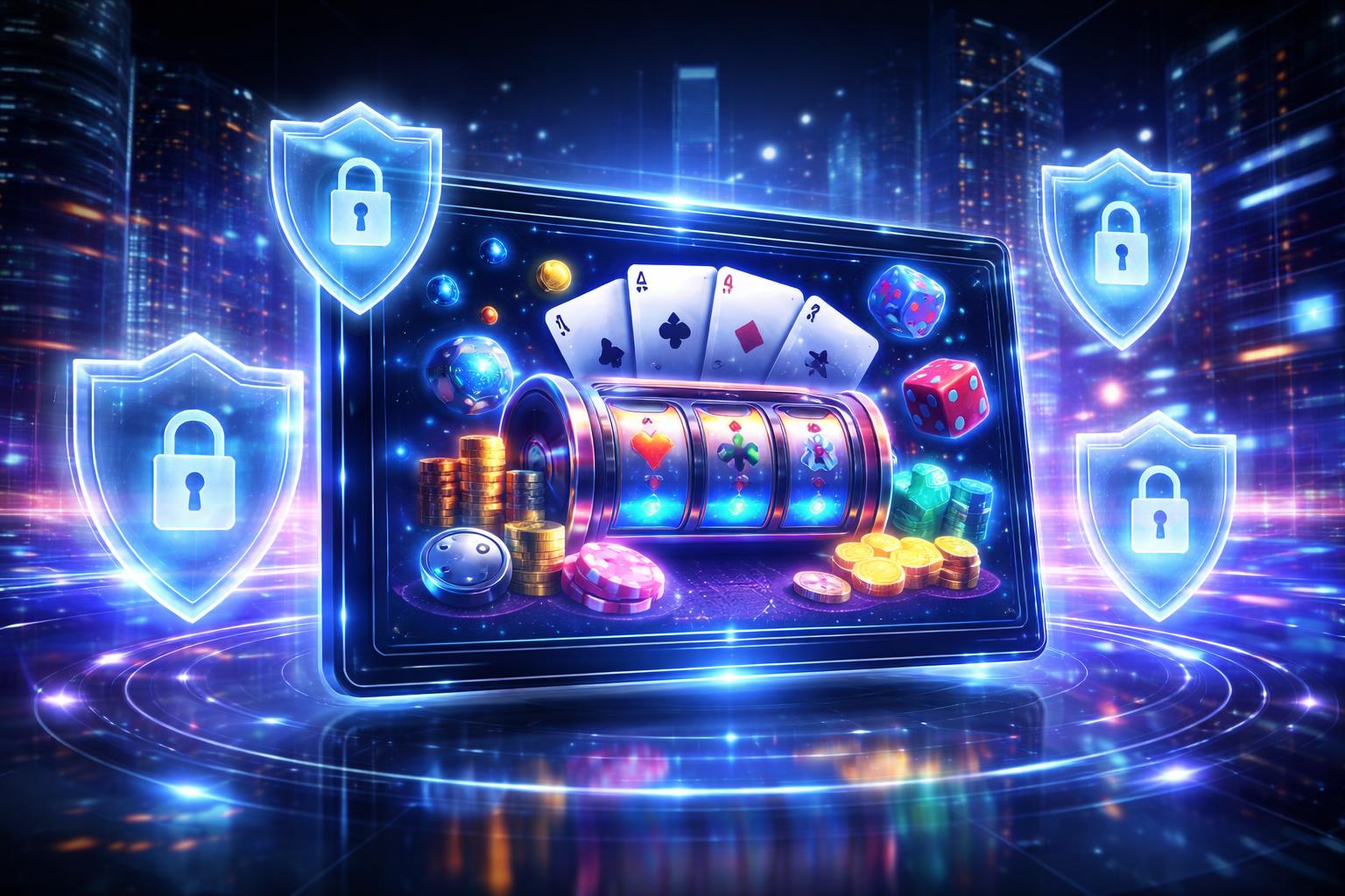 Tampilan 3D dari platform permainan online dengan elemen permainan digital dan simbol keamanan di latar kota futuristik.