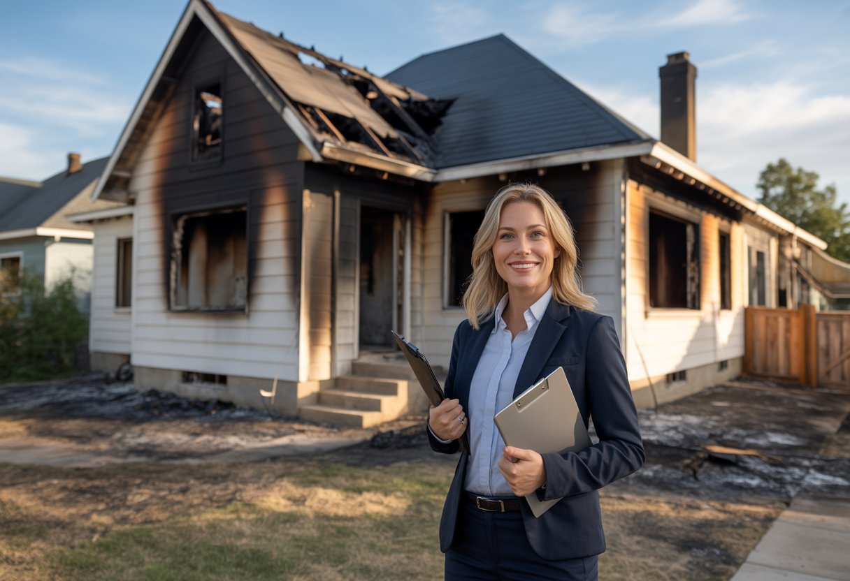 A real estate agent standing in front of a fire-damaged house with visible burn marks and charred areas.