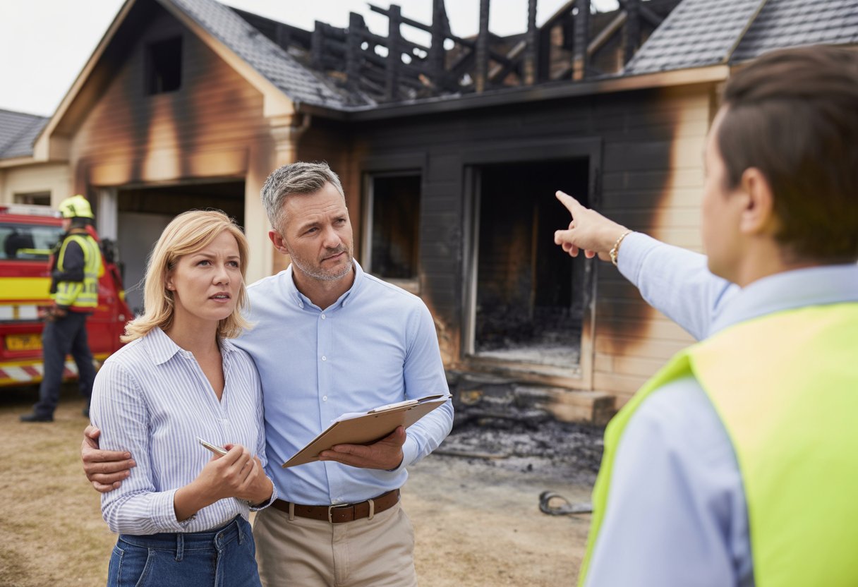 A couple and a home inspector examining a partially fire-damaged house with visible burn marks and firemen packing up equipment nearby.