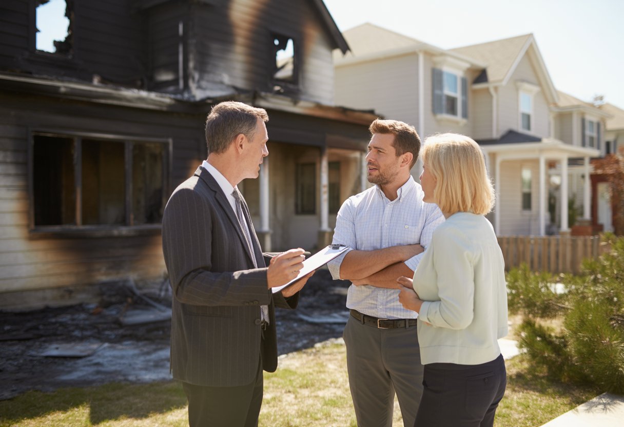 A real estate agent talks to a couple outside a fire-damaged house with charred walls and broken windows.
