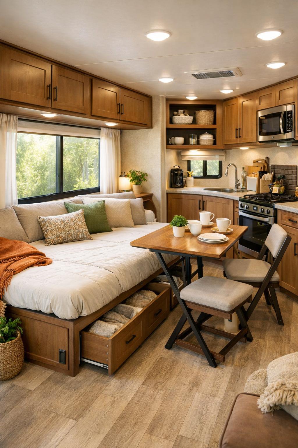 Interior of an RV showing multi-use furniture including a convertible sofa bed, foldable dining table, and compact kitchen area with natural light coming through large windows.