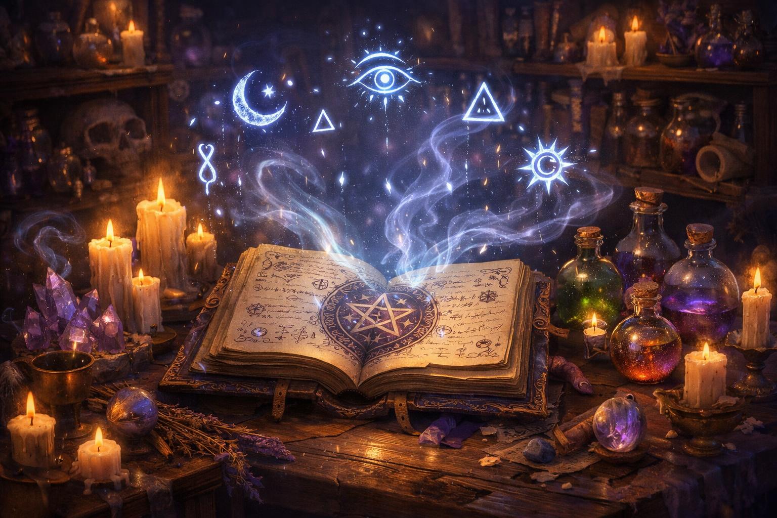 An Open Ancient Book Glowing With Magical Light On A Wooden Table Surrounded By Candles, Crystals, And Potion Bottles In A Dimly Lit Room Filled With Mystical Objects.