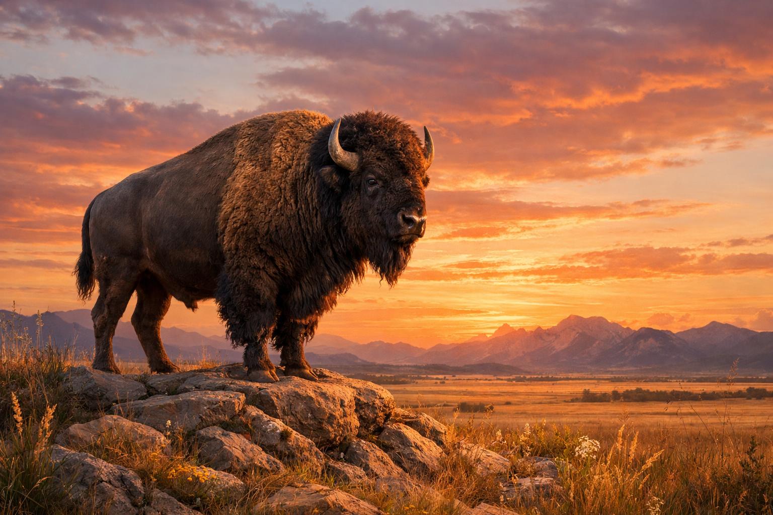 A Buffalo Standing On A Rocky Outcrop In A Prairie At Sunset With Mountains In The Distance.