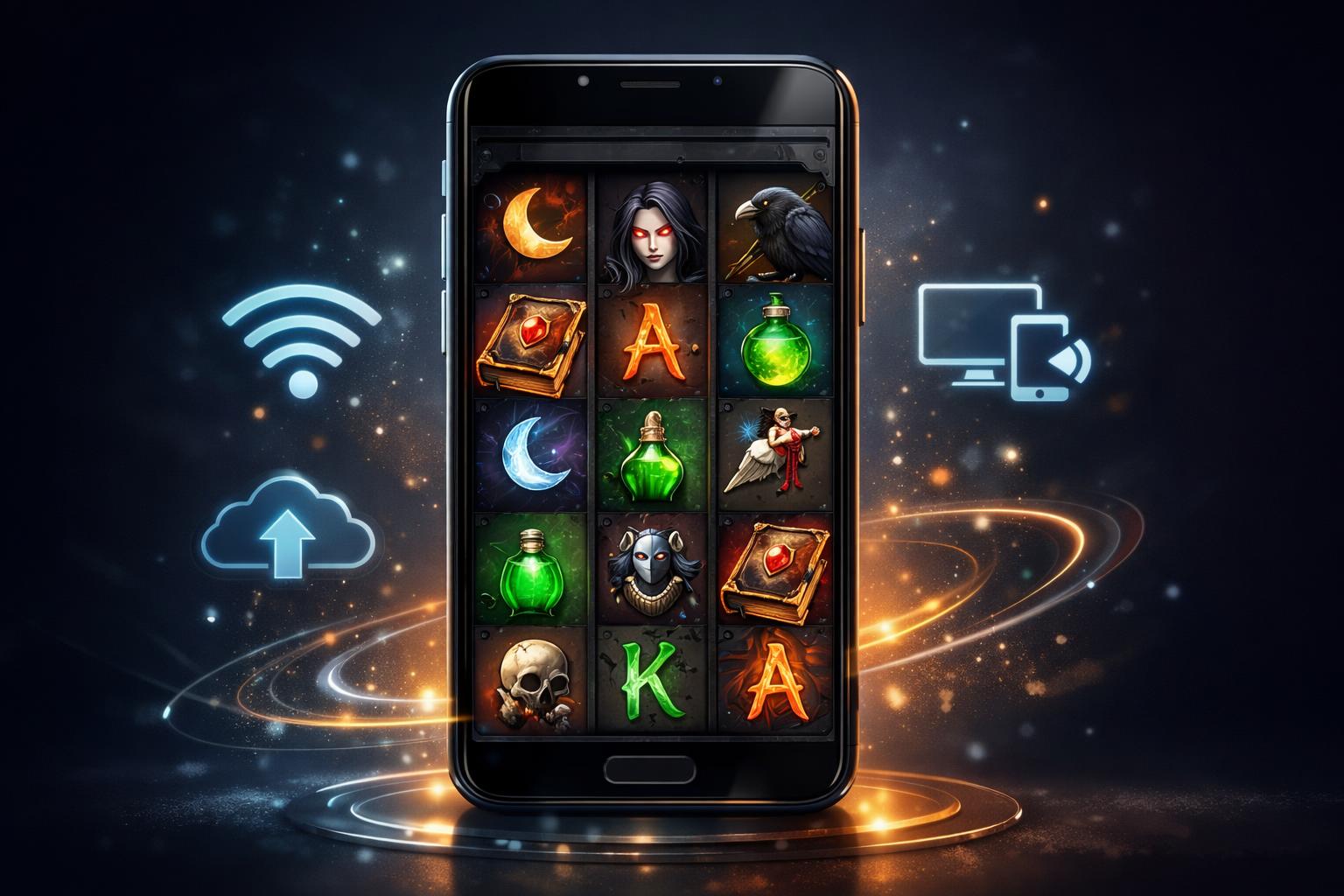 A Smartphone Displaying A Slot Machine Game With Mystical Symbols And Magical Artifacts On The Screen, Surrounded By Icons Representing Wireless Connectivity.