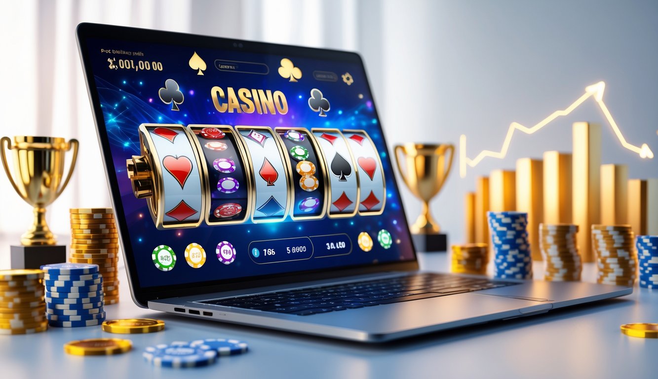 Seorang pengguna sedang bermain kasino online di komputer dengan grafik permainan dan tumpukan chip di sekitarnya.