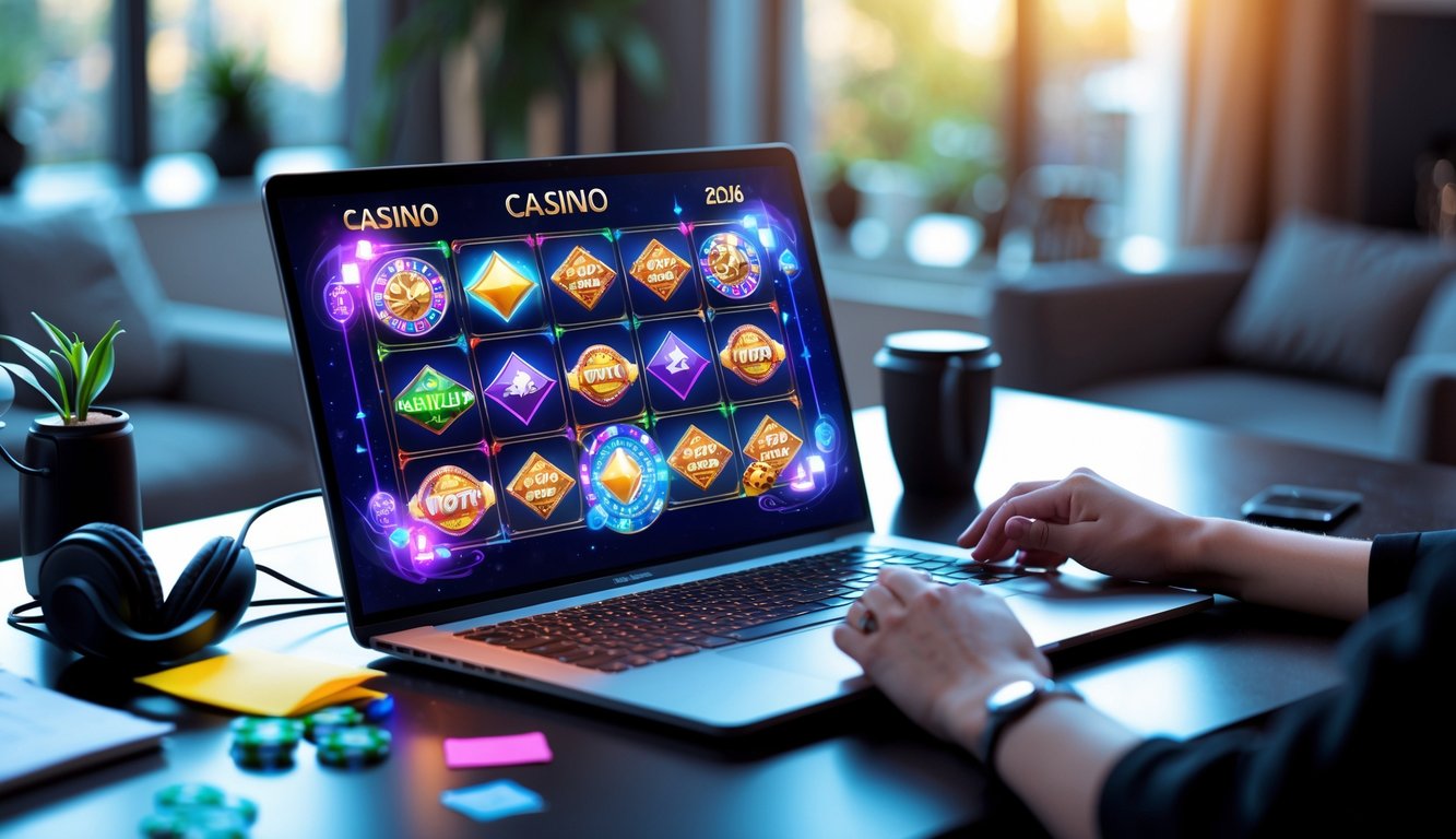 Seorang pengguna sedang bermain permainan kasino online di komputer dengan tampilan layar penuh permainan slot dan poker di ruang santai yang terang.