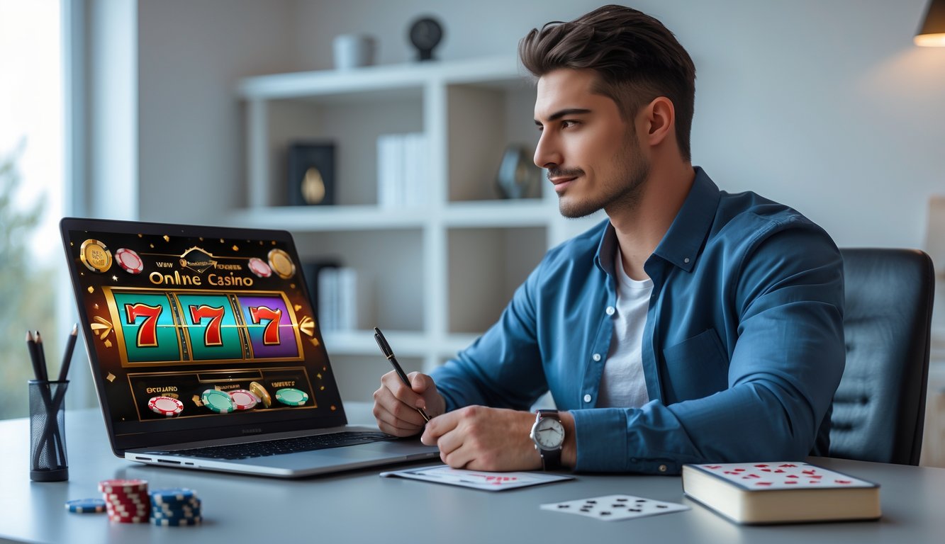 Seorang pria muda duduk di meja dengan laptop yang menampilkan situs kasino online, sambil mencatat dan fokus mempelajari strategi menang.