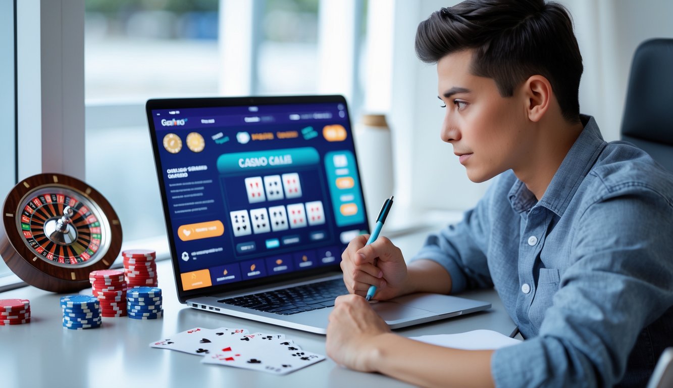 Seorang pemula sedang duduk di depan laptop dengan tampilan kasino online, mencatat dan fokus mempelajari strategi memilih casino online agar mudah menang.
