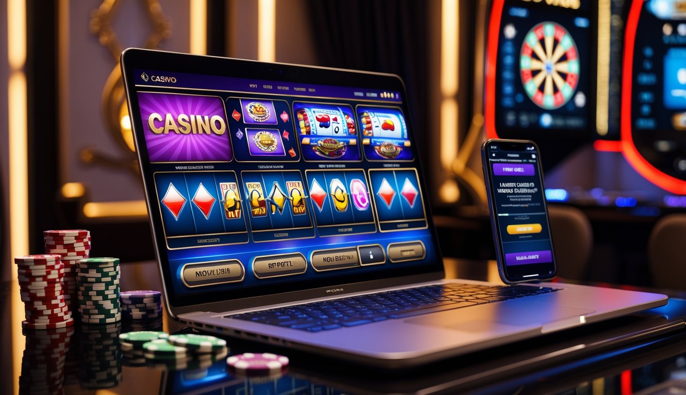 Suasana kasino online dengan layar komputer menampilkan permainan slot dan kartu, tumpukan chip poker, dan ponsel yang menunjukkan notifikasi jackpot.