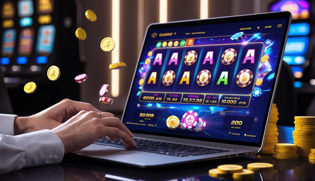 Seorang pengguna sedang bermain di situs casino online dengan tampilan jackpot besar di layar komputer dalam suasana modern dan menarik.