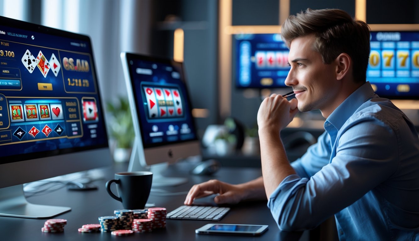 Seorang pria muda duduk di meja dengan beberapa perangkat digital menampilkan permainan casino online, terlihat fokus dan serius sambil memegang pena dan buku catatan.