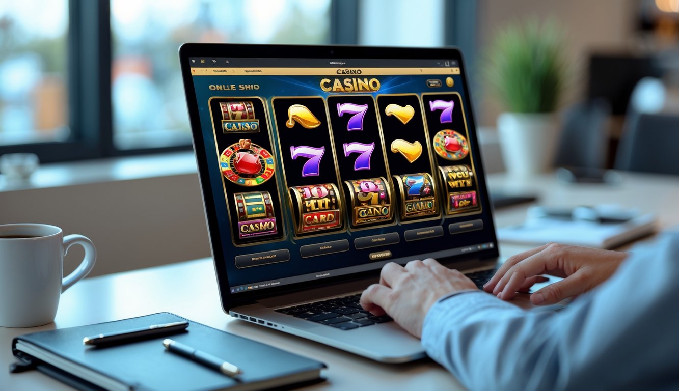 Seorang pria atau wanita fokus bermain di laptop dengan tampilan permainan kasino online di layar dalam suasana kerja yang rapi dan terang.