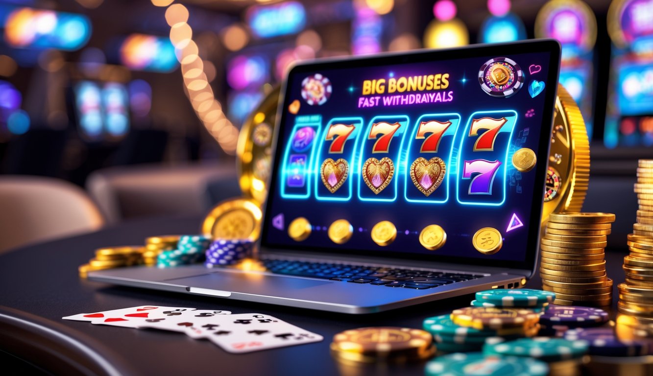 Suasana kasino online dengan laptop dan ponsel yang menampilkan permainan slot berwarna-warni dan elemen kasino seperti chip dan kartu di sekitar.