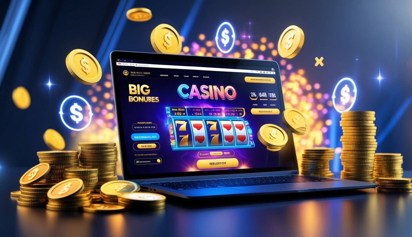 Seorang pengguna sedang bermain kasino online dengan layar komputer yang menampilkan permainan slot dan kartu, dikelilingi oleh koin dan simbol transaksi digital.