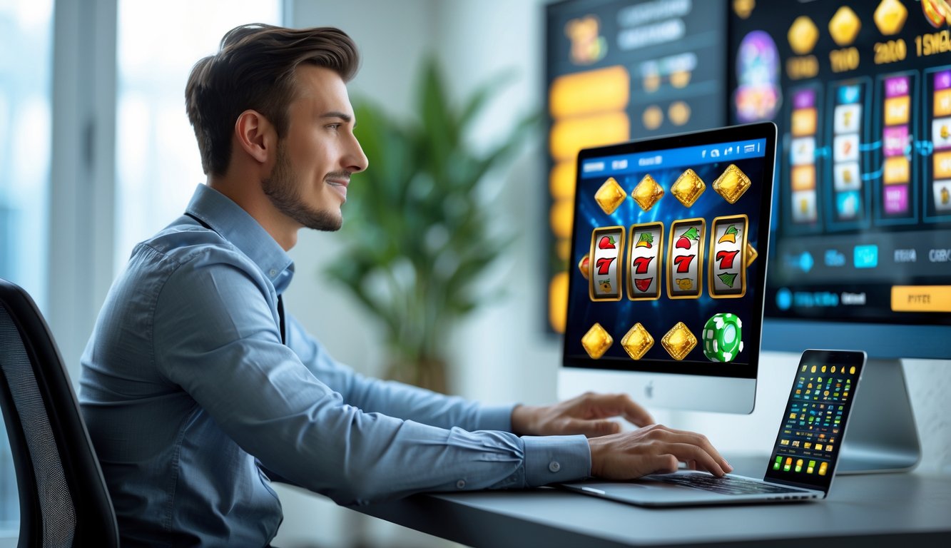 Seorang pria muda duduk di meja dengan laptop, melihat layar situs kasino online dengan grafik mesin slot yang cerah, tampak fokus dan optimis.