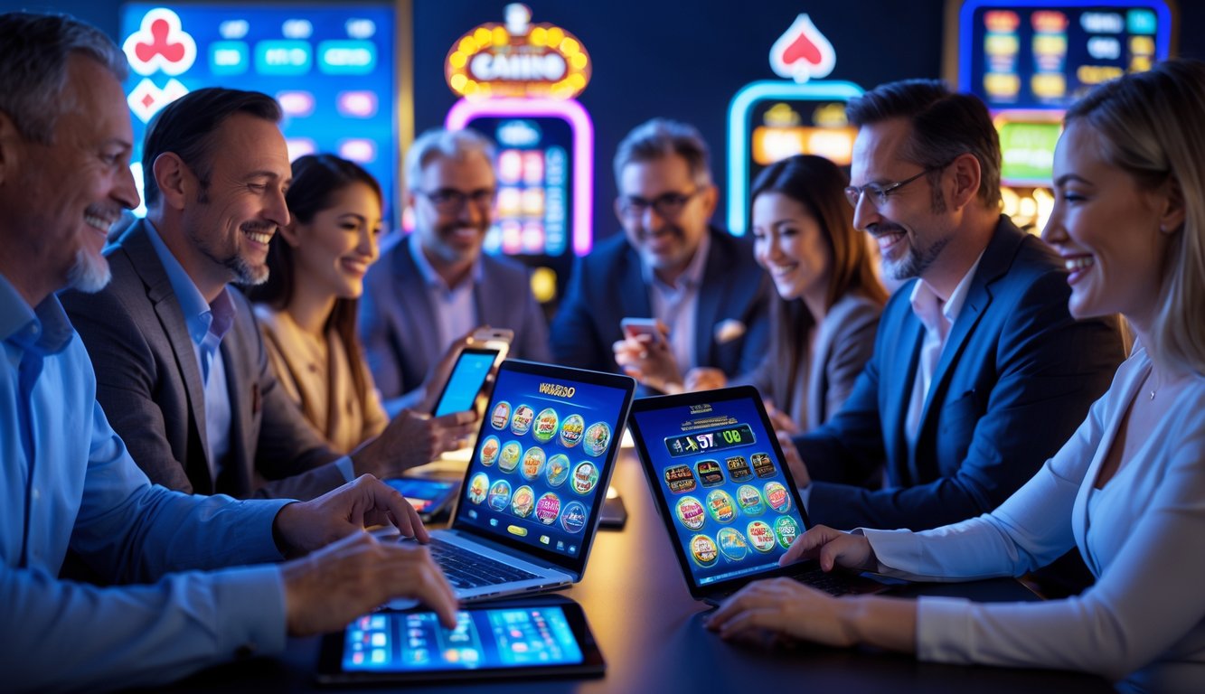 Beberapa orang menggunakan perangkat digital dengan latar belakang tema kasino online yang cerah dan penuh warna.
