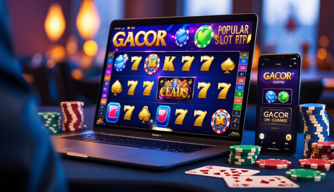 Seorang pengguna sedang bermain permainan slot online di laptop dengan chip poker dan kartu remi di sekitarnya.