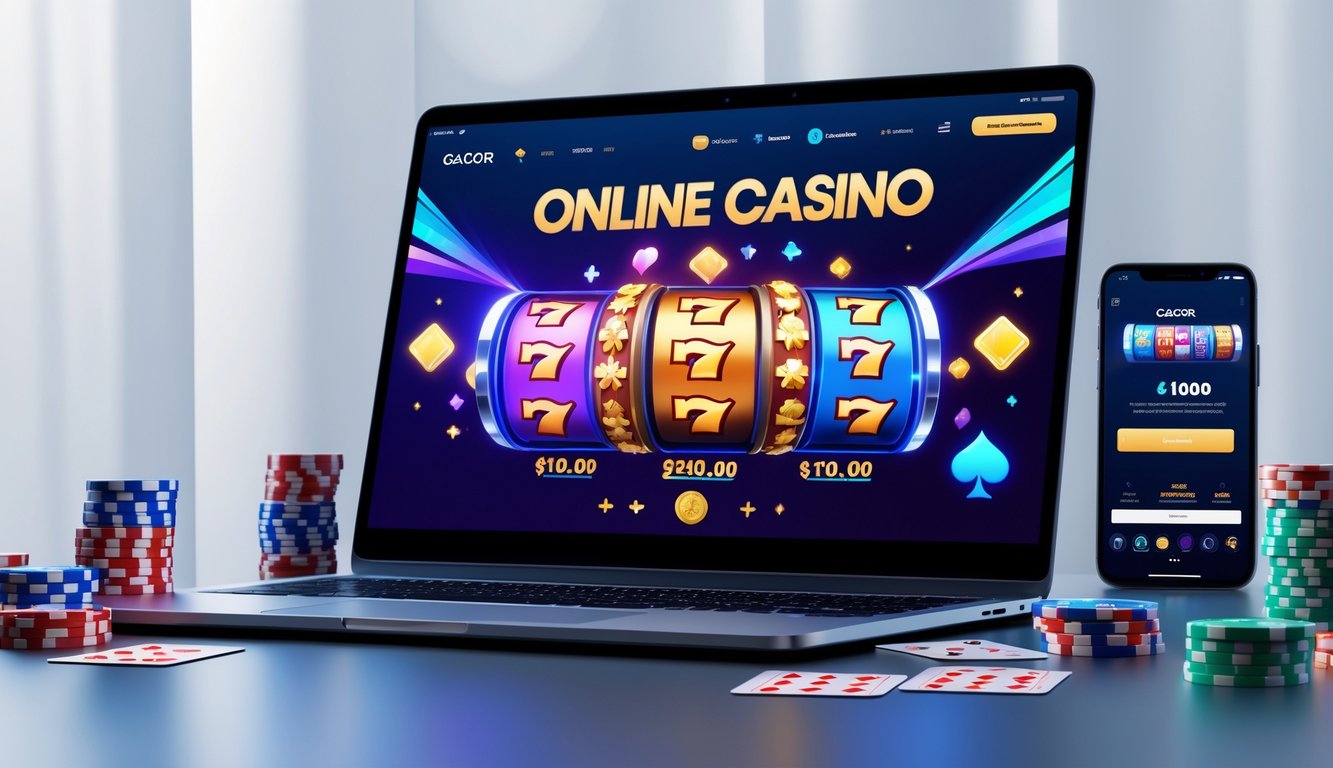 Seorang pengguna sedang bermain game slot online di komputer dengan chip poker dan kartu di sekitarnya.