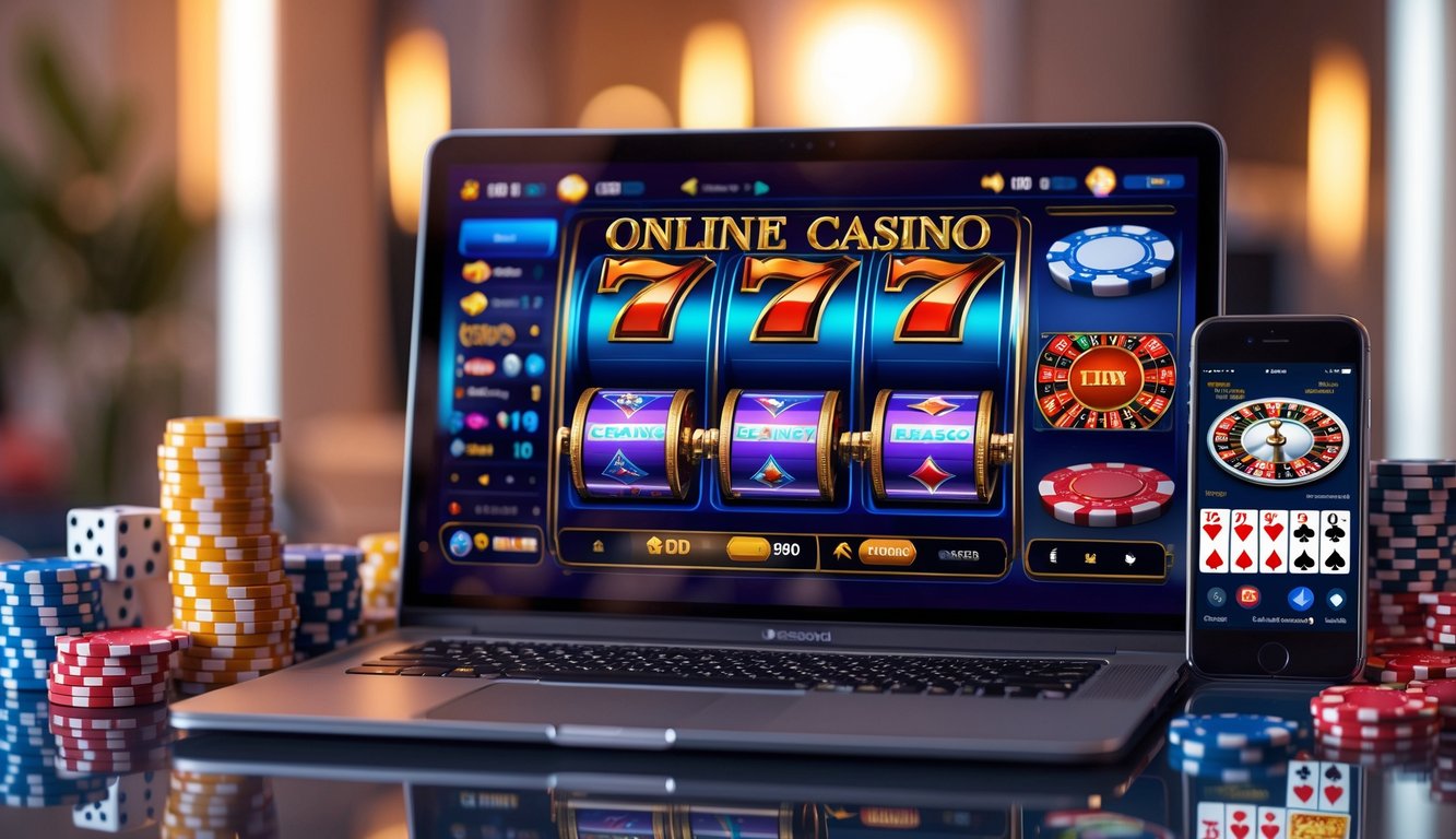 Seorang pria menggunakan laptop dengan tampilan permainan kasino online, dikelilingi oleh chip poker, kartu remi, dan dadu di meja yang rapi.