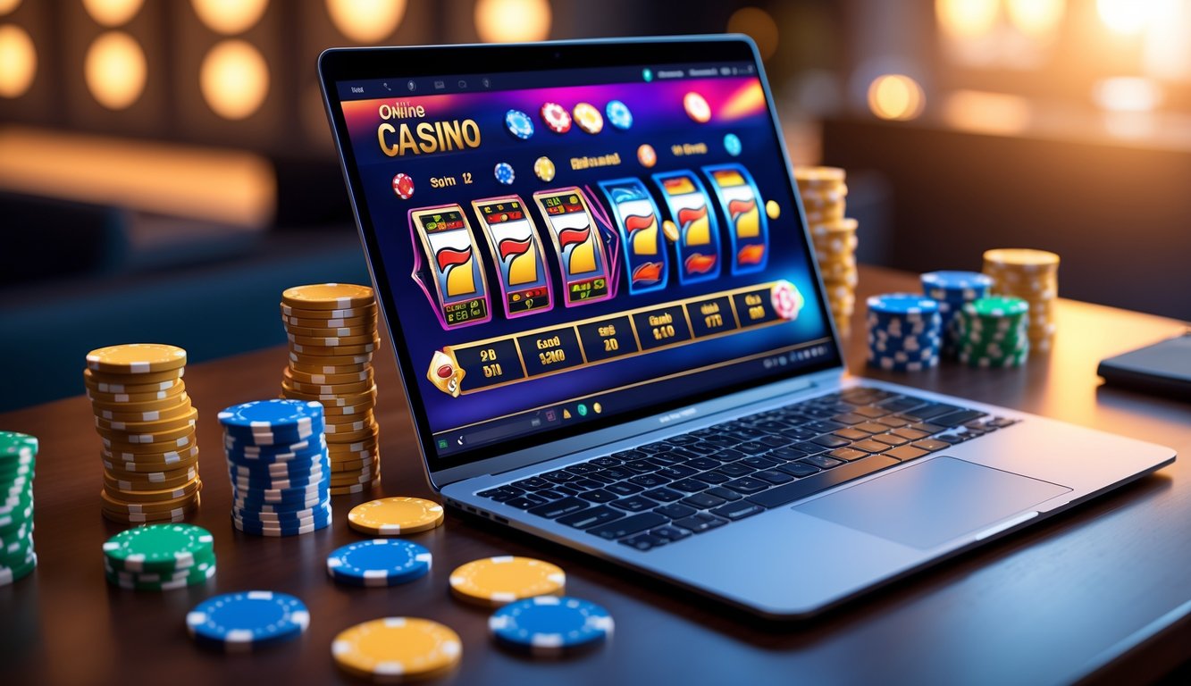 Seorang pemain menggunakan laptop dengan tampilan permainan kasino online, dikelilingi chip poker dan dadu di atas meja kayu.