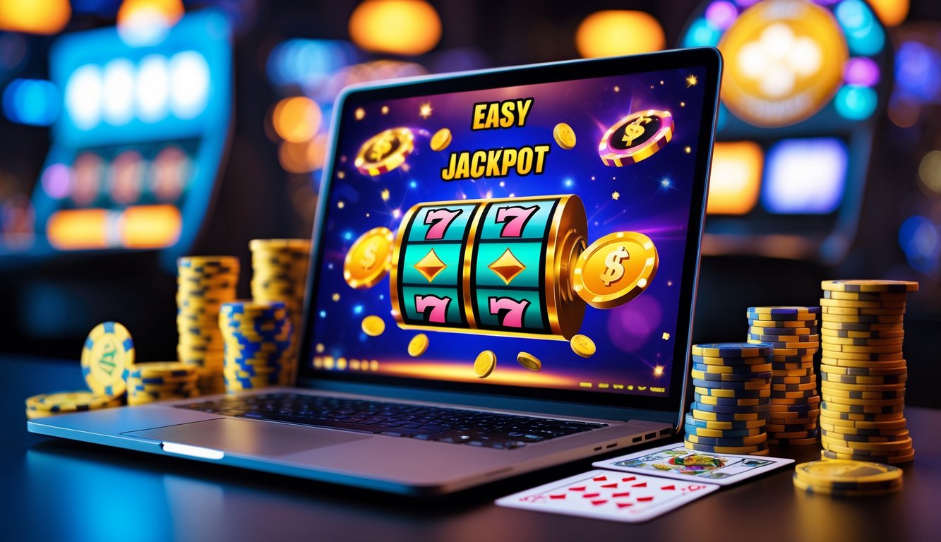 Sebuah layar komputer menampilkan permainan mesin slot dengan simbol jackpot, dikelilingi oleh chip kasino dan kartu bermain.