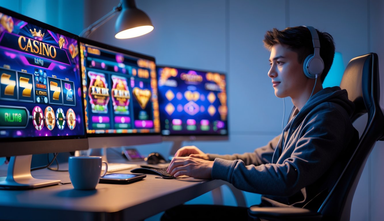 Seorang pemain muda duduk di depan beberapa monitor komputer yang menampilkan permainan kasino online dengan ekspresi fokus dan santai.