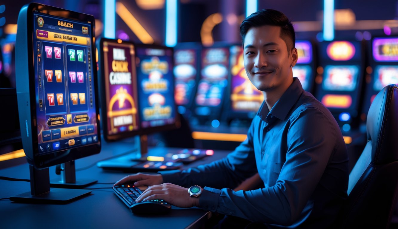 Seorang pemain profesional sedang fokus bermain permainan kasino online di depan beberapa layar komputer dalam suasana modern dan berteknologi tinggi.