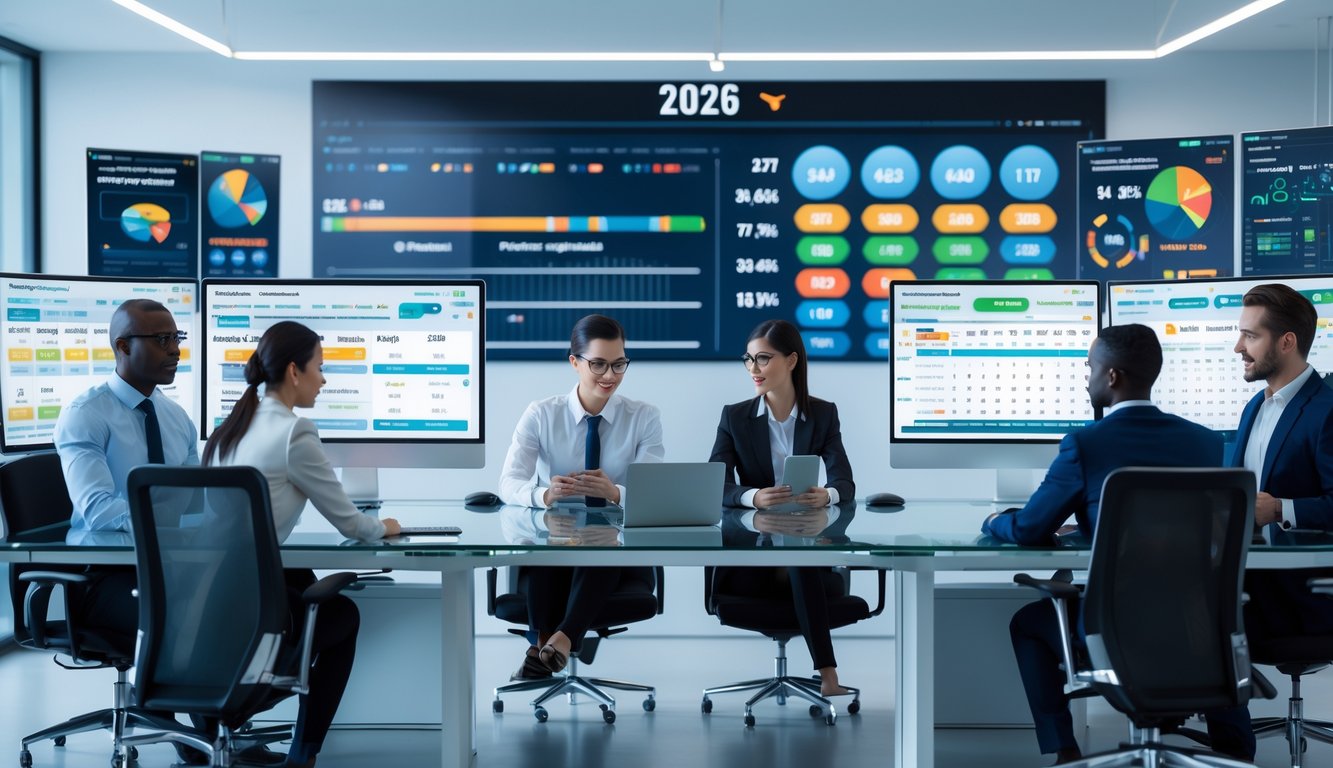 Sekelompok profesional bekerja di kantor modern dengan layar komputer menampilkan data angka dan grafik terkait pasar togel.