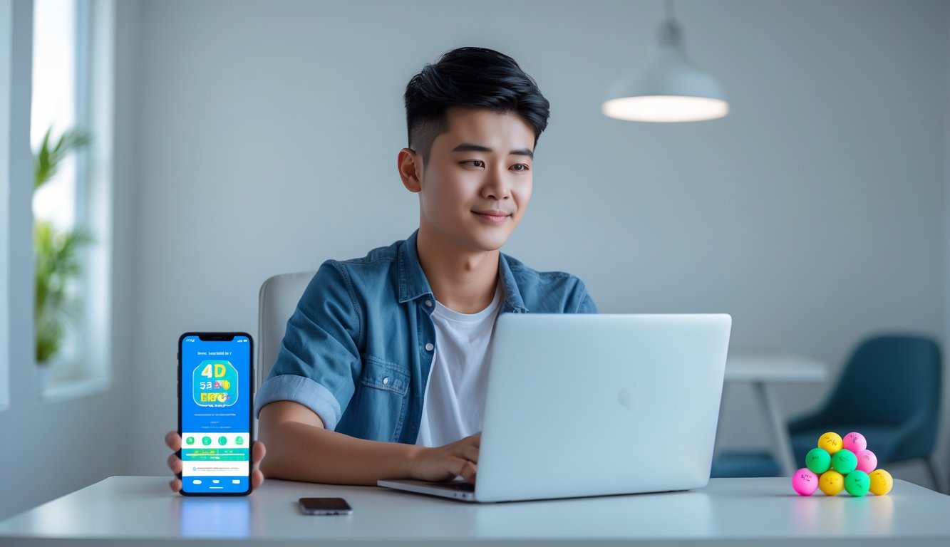 Seorang dewasa muda duduk di meja dengan laptop dan smartphone, terlihat fokus menggunakan aplikasi lotere online dengan bola lotere berwarna di meja.