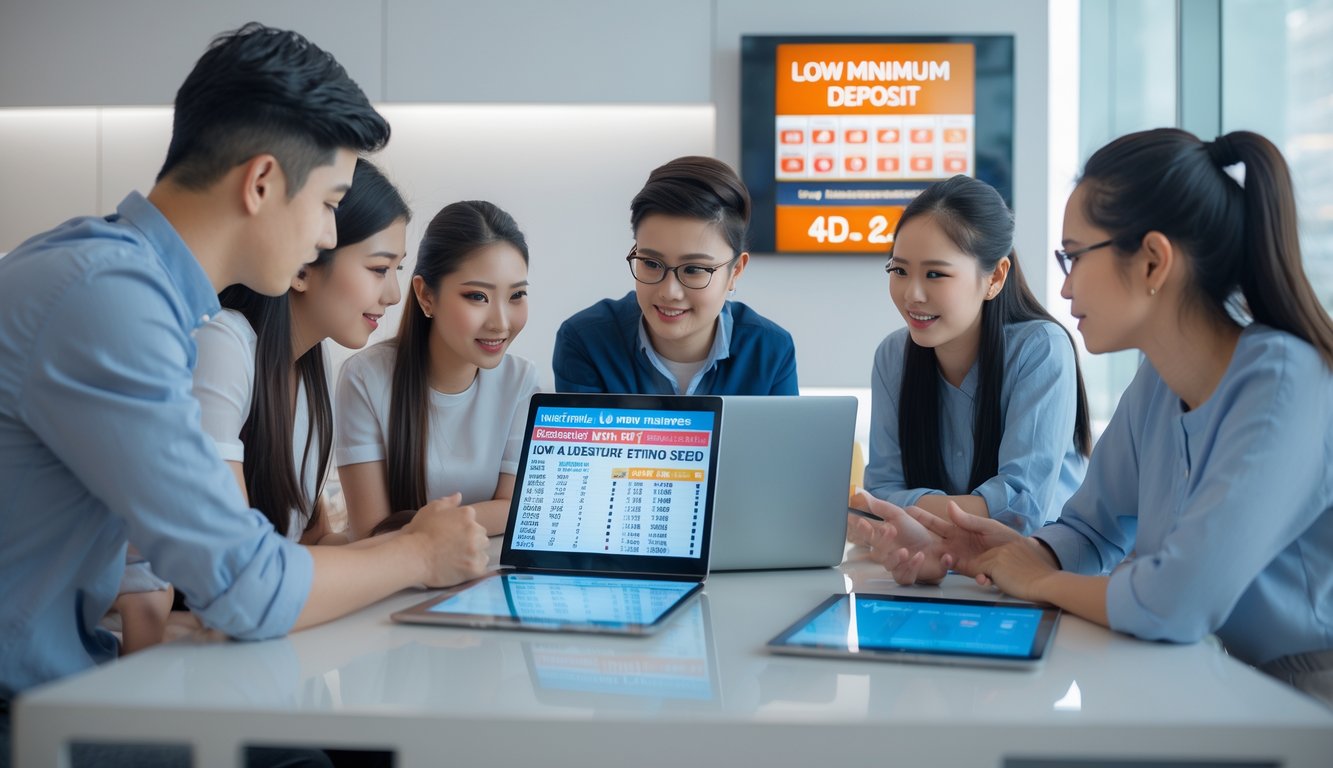 Sekelompok orang muda sedang berdiskusi serius di meja kantor dengan perangkat digital yang menampilkan data terkait togel 4D.