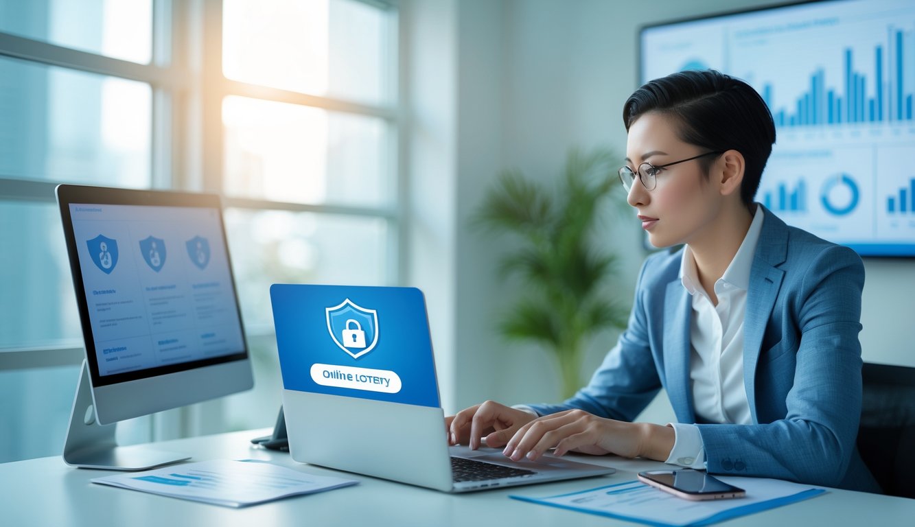 Seorang profesional sedang duduk di meja kantor modern sambil menggunakan laptop dan meninjau dokumen, dengan suasana yang terang dan rapi.