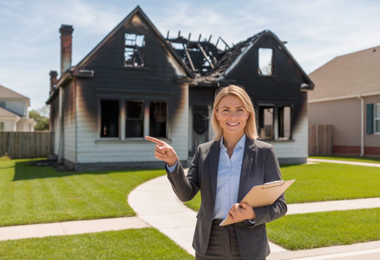A real estate agent stands in front of a fire damaged house with charred walls and broken windows.