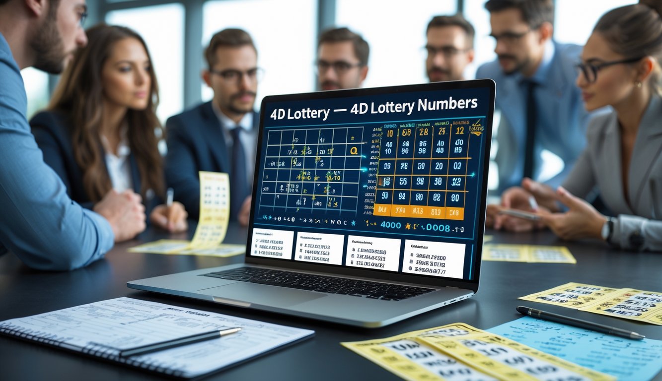 Orang-orang sedang berdiskusi dan menganalisis angka lotere di meja kerja dengan laptop dan tiket lotere.