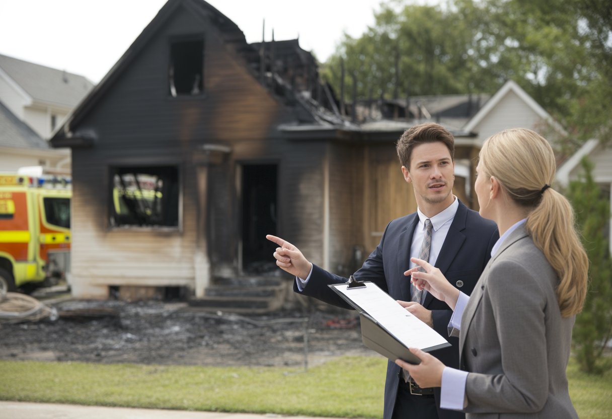 A fire-damaged house with charred walls and broken windows, a real estate agent talking to a homeowner in front of the house, with emergency vehicles in the background.