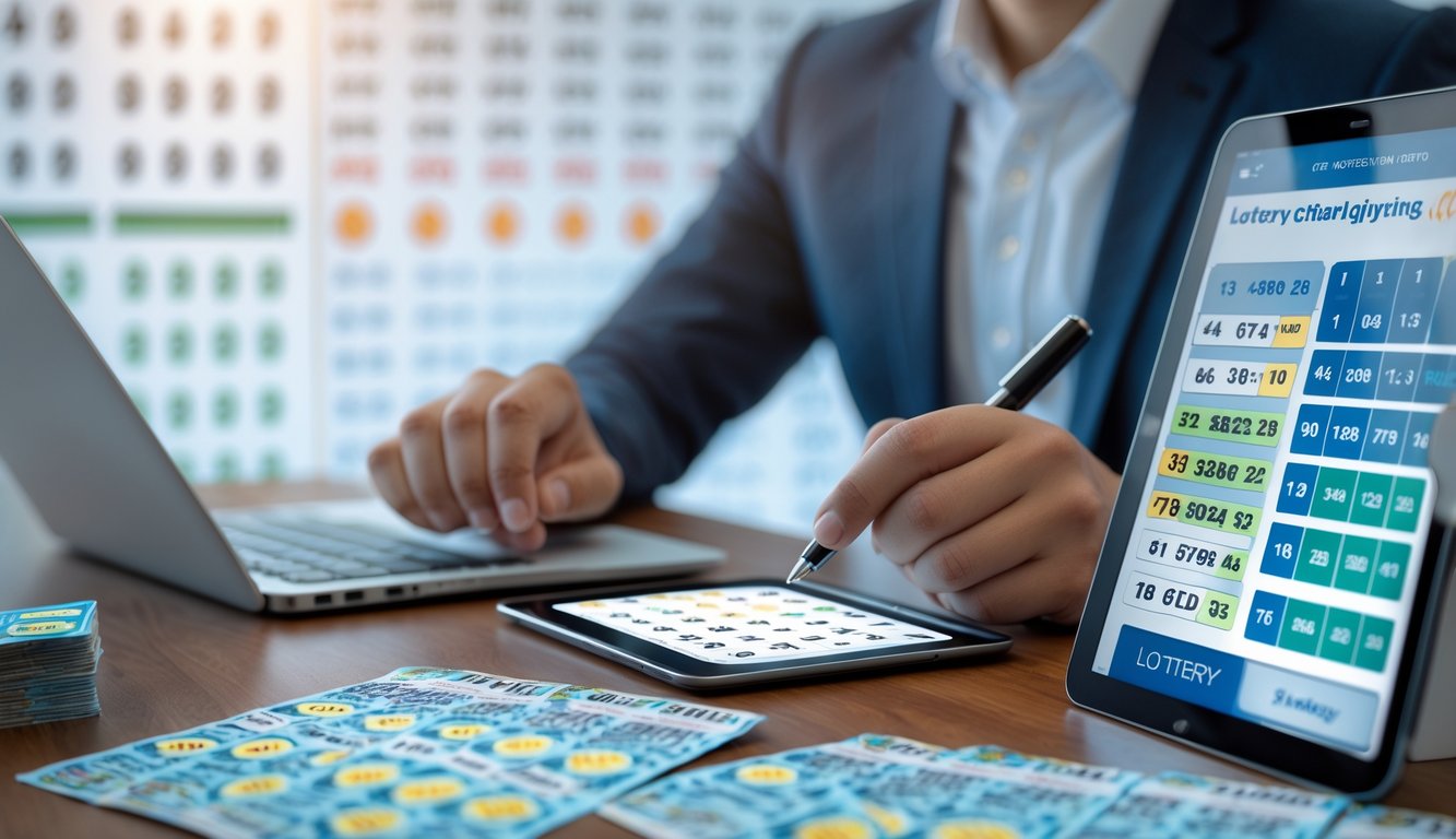 Seorang profesional sedang menganalisis data angka togel 4D di meja kerja dengan tiket dan tablet digital.