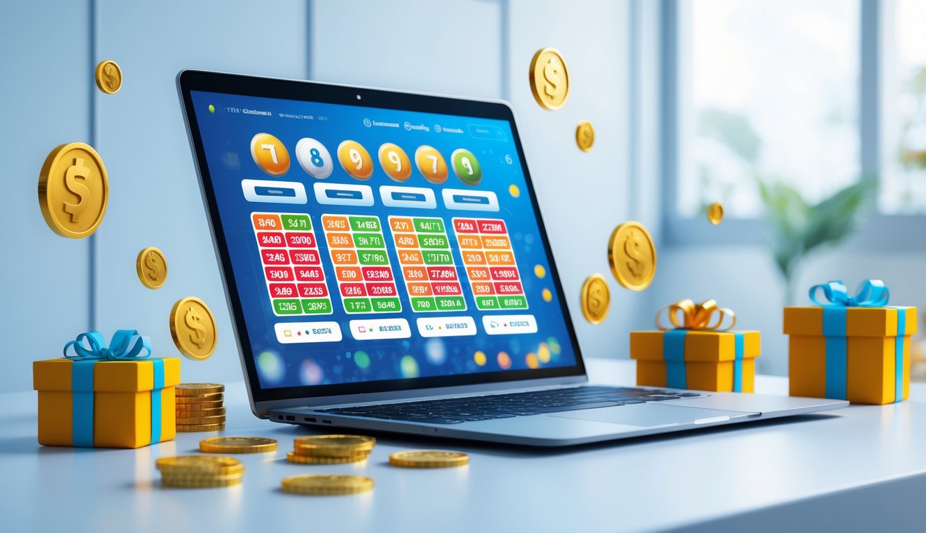 Sebuah ruang kerja modern dengan komputer yang menampilkan antarmuka lotere online dan elemen seperti koin emas dan kotak hadiah di sekitarnya.
