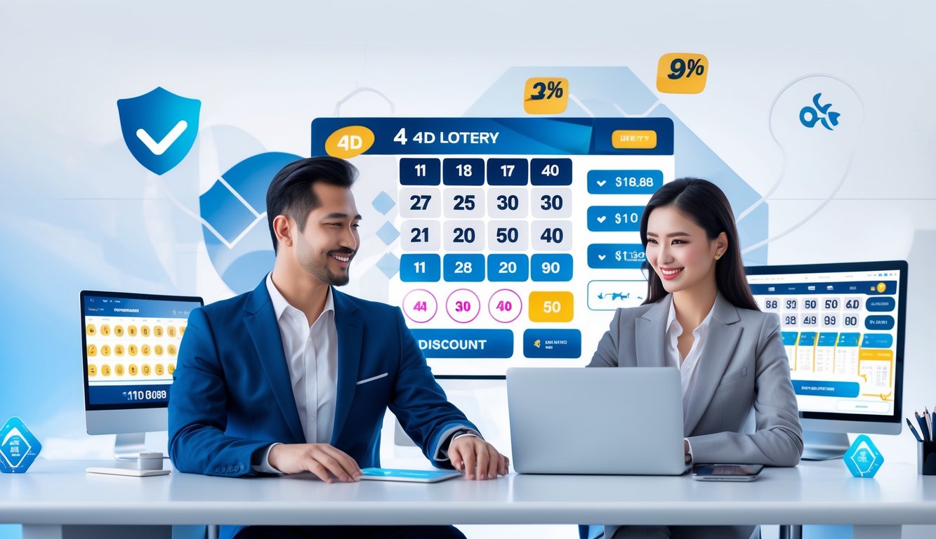 Seorang pria dan wanita duduk di meja dengan perangkat digital yang menampilkan angka lotere dan grafik, menggambarkan suasana situs togel online yang terpercaya.