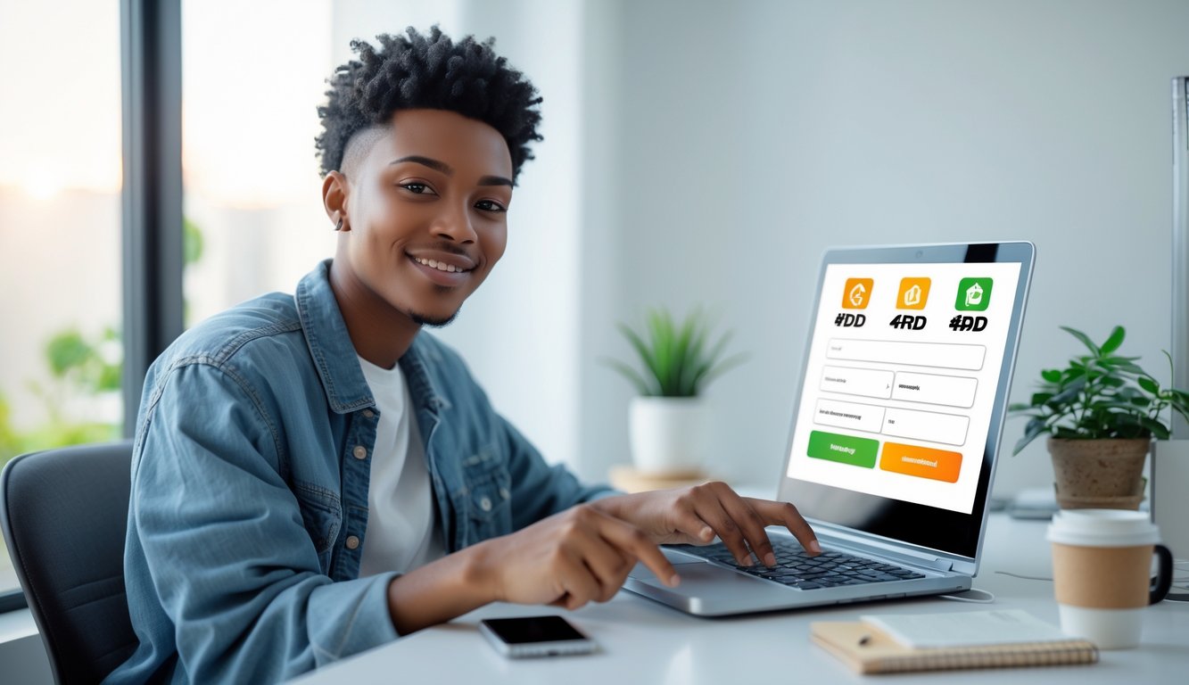 Seseorang duduk di meja dengan laptop dan ponsel, sedang melakukan pendaftaran online dengan ekspresi percaya diri.