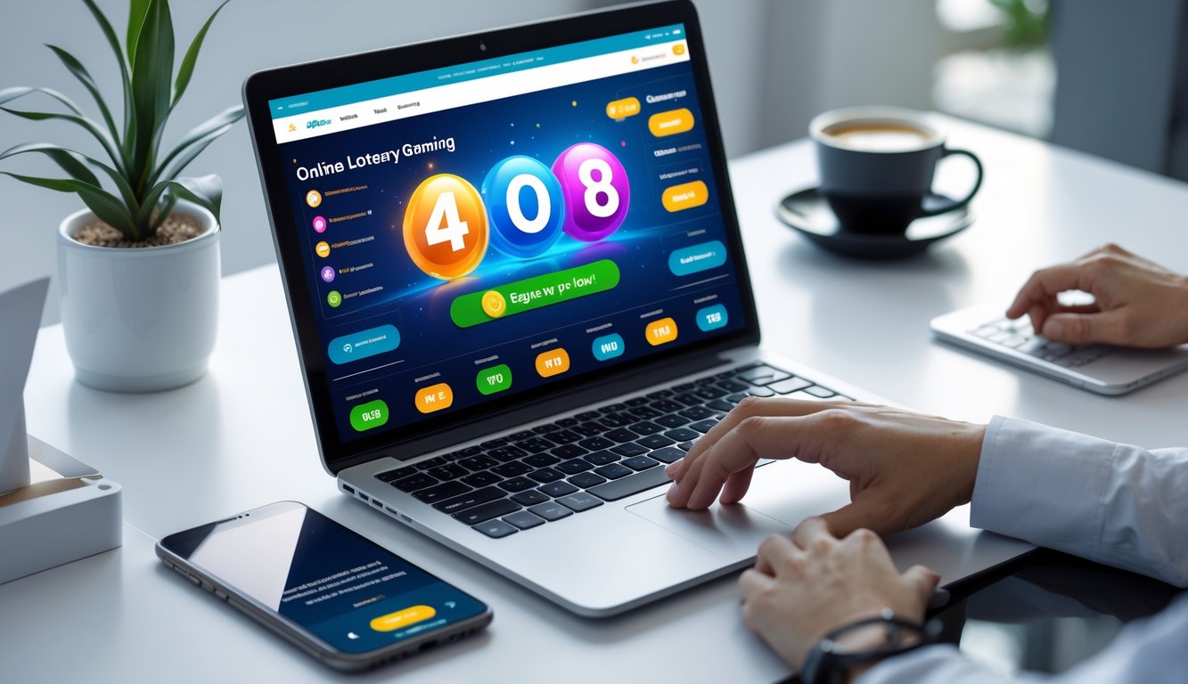 Sebuah meja kerja dengan laptop yang menampilkan situs lotere online dan tangan seseorang sedang menggunakan laptop.