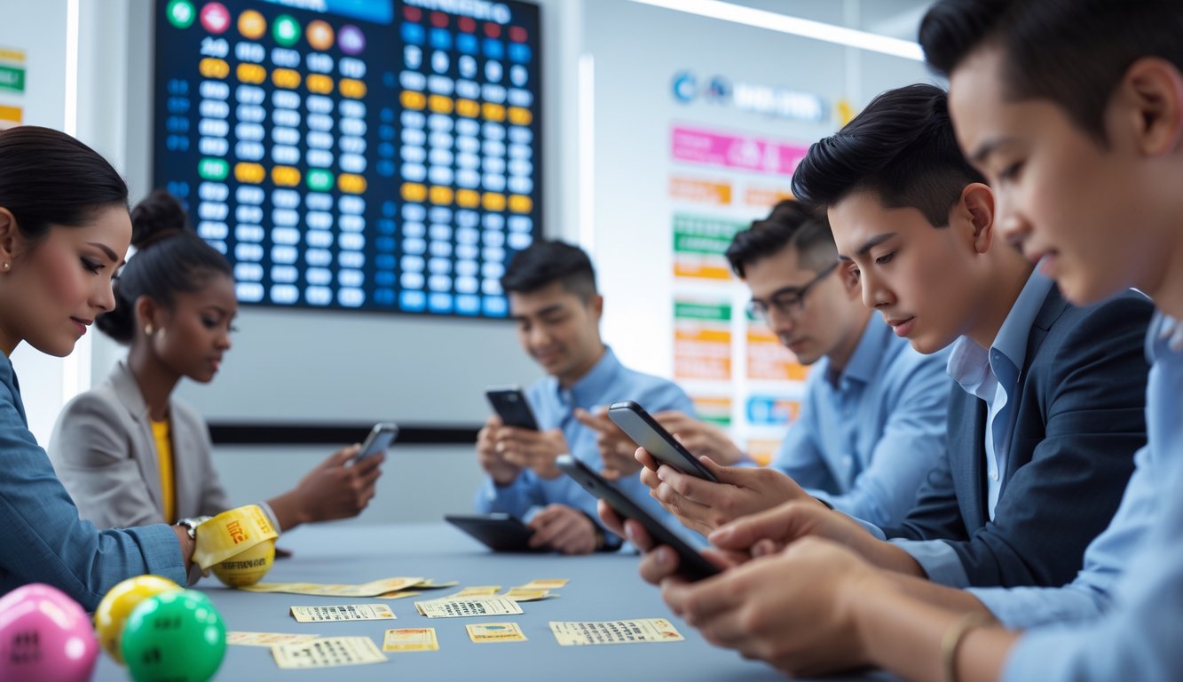 Orang-orang memeriksa tiket lotere dan layar digital menampilkan hasil undian terbaru dalam suasana yang sibuk dan modern.