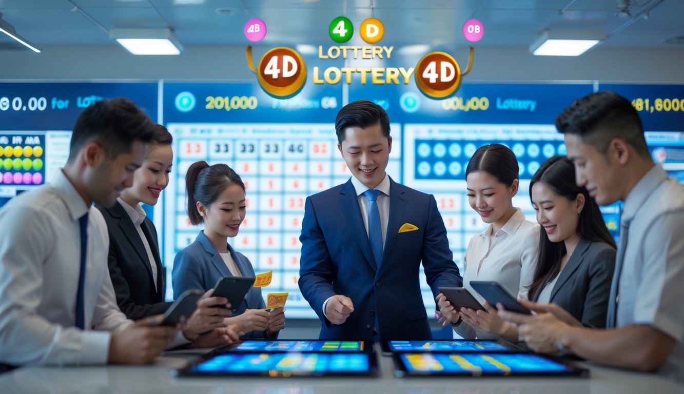 Seorang agen togel profesional melayani pelanggan di pusat permainan dengan layar digital menampilkan angka togel dan grafik hasil terbaru.